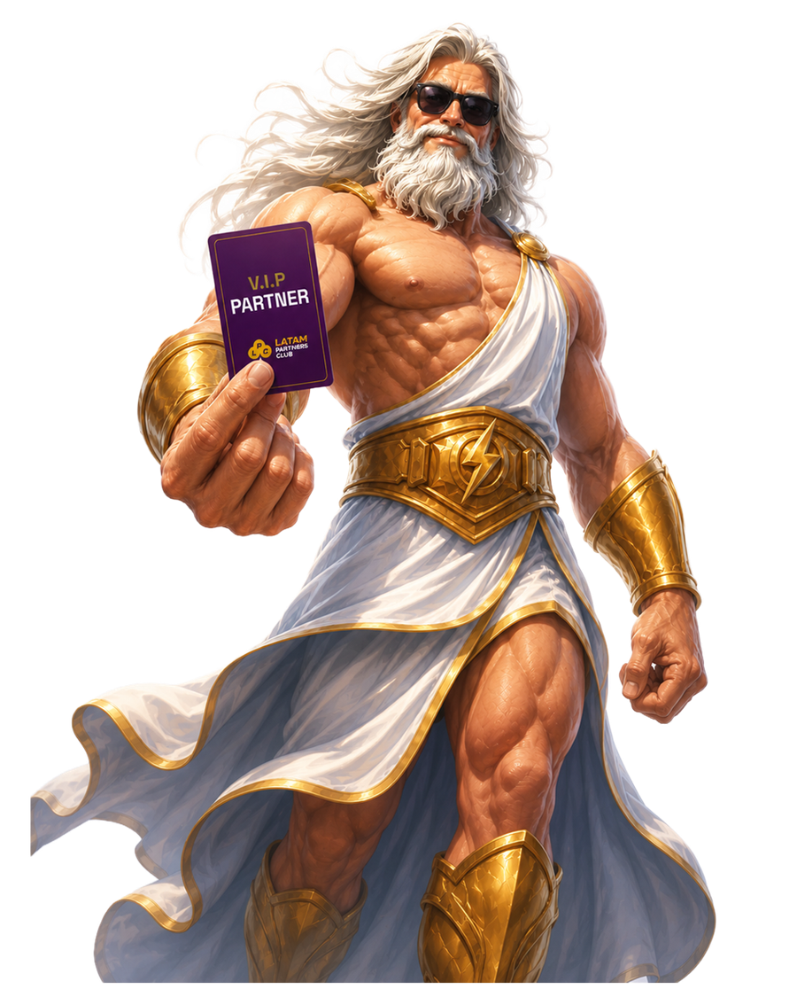 Figura de Zeus sosteniendo una tarjeta V.I.P. Partner de LATAM Partners Club